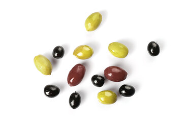 Green, red and black olives isolated on white background