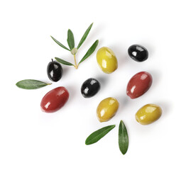 Green, red and black olives isolated on white background