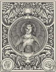 Fototapeta na wymiar illustration santa maria skull with engraving style