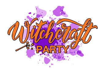Vector illustration of witchcraft party lettering for banner, advertisement, catalog, leaflet, poster, signage, product design. Handwritten orange colored text on purple watercolor background
