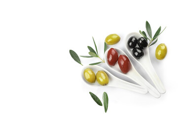 Green, red and black olives in bowls isolated on white background