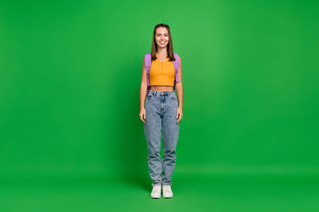 Full size photo of nice millennial brunette lady stand wear bag top jeans shoes isolated on green color background