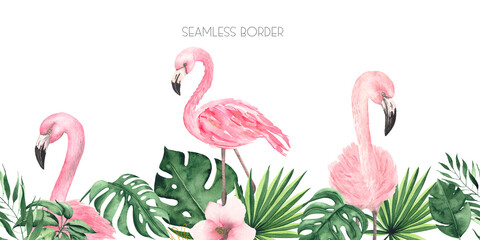 Watercolor hand painted tropical seamless border with green palm leaves, flowers, flamingo