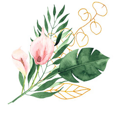 Watercolor hand painted tropical bouquet with green palm leaves, flowers, flamingo, summer fruits, golden line elements
