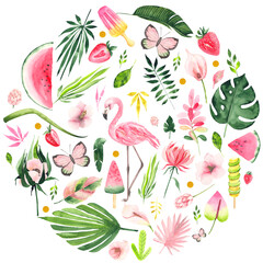 Watercolor hand painted tropical circle composition with green palm leaves, flowers, flamingo, summer fruits, ice cream, butterfly - 463561082