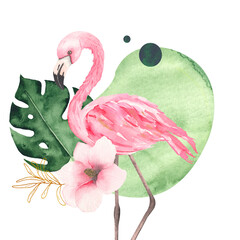 Watercolor hand painted tropical composition with green palm leaves, flowers, flamingo, summer fruits, golden line elements
