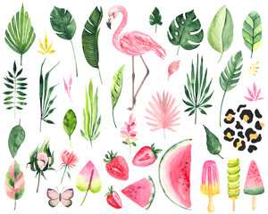 Watercolor hand painted tropical elements with green palm leaves, flowers, flamingo, summer fruits