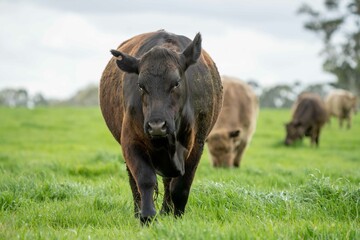 Close up of Stud Beef bulls and cows grazing on grass in a field, in Australia. eating hay and...
