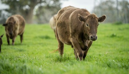 Close up of Stud Beef bulls and cows grazing on grass in a field, in Australia. eating hay and...