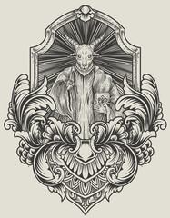 illustration scary baphomet on engraving ornament