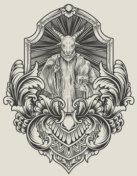 illustration scary baphomet on engraving ornament