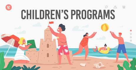 Happy Kids on Vacation Landing Page Template. Little Children on Beach Building Sand Castle and Playing Ball at Seaside