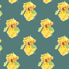 Obraz premium Seamless pattern of yellow irises drawn with wax crayons on a dark green background. For fabric, sketchbook, wallpaper, wrapping paper.