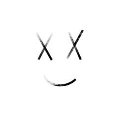 An illustration depicting a cheerful face, instead of eyes, crosses instead of lips, an arc, an abstract drawing, in black chalk on a white background