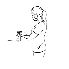 Woman in medical protective mask applying an antibacterial antiseptic hand gel for hands disinfection illustration vector isolated on white background line art