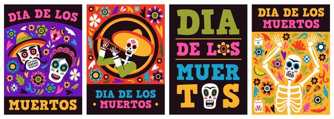 Mexican holiday set. Color dead day party invitation posters with funny skeletons and sugar skulls with traditional decor, ethnic latino festivity decor, vector cartoon isolated cards