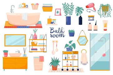 Bathroom elements. Hygiene products and interior accessories, wet room, comfort and home spa treatments, shower cabin, bath tube, shampoo bottle and cosmetics vector cartoon flat isolated set
