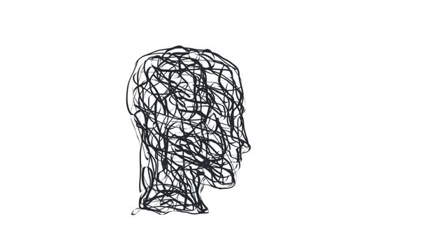 Arrows coming in of a human head, brain training and learning.  Start up and innovation concept, stimulate creativity. Animated illustration with scribbled drawing.