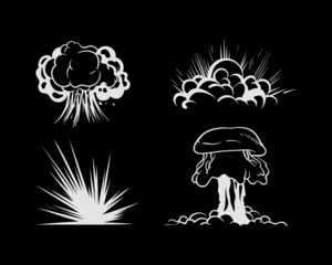 Cartoon explosion. Energy blast, smoke cloud, white fire flash isolated on black background. Atomic bomb detonation, dynamite burst, weapon attack, boom and bang comics style vector set