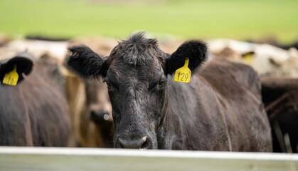 Close up of Stud Beef bulls and cows grazing on grass in a field, in Australia. eating hay and...