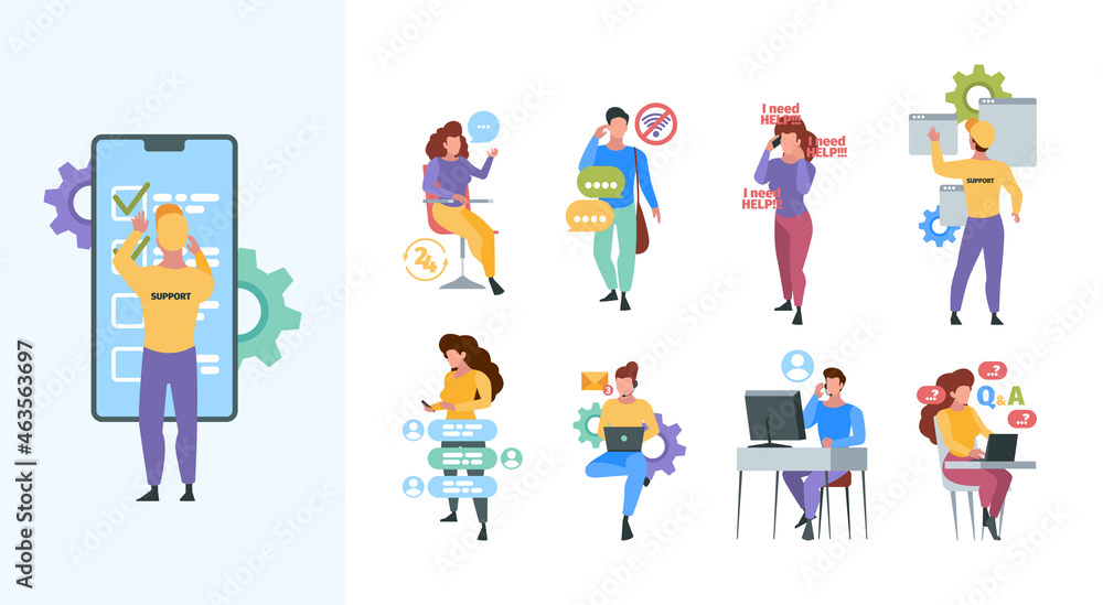 Poster online consultation. help center web tutorial hotline consultant in custom service garish vector con