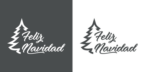 Fototapeta na wymiar Banner con frase Feliz Navidad manuscrito en español con árbol de navidad en fondo gris y fondo blanco