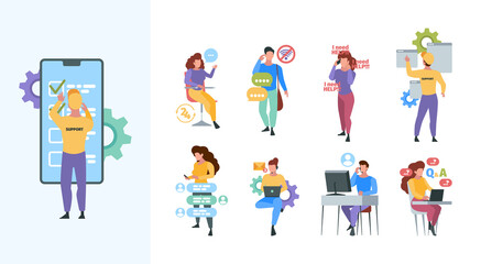 Online consultation. Help center web tutorial hotline consultant in custom service garish vector concept pictures set