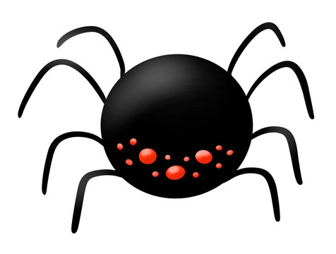 The kute black and orange halloween spider with eight paws and dozen eyes on the white background