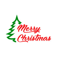 Banner con frase Merry Christmas manuscrito con árbol de navidad en color rojo y verde