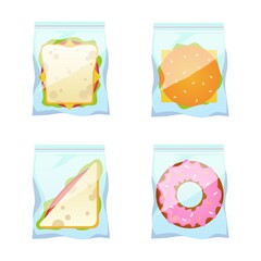 Products vending. Snack plastic package. Fast food packs. Biscuit and sandwich for selling machine. Hamburger or donut in merchandise packaging. Unhealthy nutrition. Vector meal set