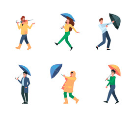 Umbrella people. Walking persons male and female with umbrella in rainy and windy weather garish vector flat characters isolated
