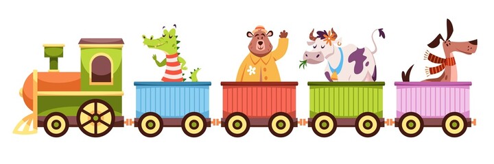 Animals wagon. Happy crocodile and bear, cow and dog ride in colorful train, little passengers in bright locomotive and wagons, horizontal baby poster. Vector cartoon flat isolated illustration © YummyBuum