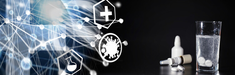 Composition from Bottles of cough syrup.Healthcare, medicine, flu and treatment concept - paper wipes and thermometer with pills.