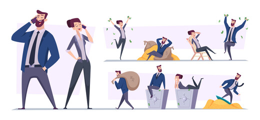 Rich people. Millionaire characters happy person with money golden coins luxury lifestyle exact vector flat illustrations