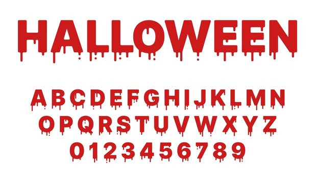 Blood halloween font. Red paint liquid, flowing english alphabet with drops and drips, grunge latin letters and numbers, fluid typography, horror mystery lettering. Vector isolated set
