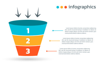 Sale funnel, conversion cone, marketing chart or diagram template with 3 steps or levels. Business pyramid design for infographic. Vector illustration.