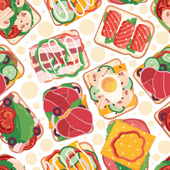 Sandwiches pattern. Healthy natural snack with vegetables on bread slices breakfast food vegetarian meal garish vector seamless background