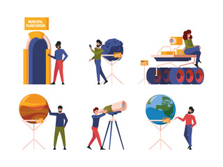 Planetarium. Space universe education museum interior solar system science innovation garish vector characters in flat style