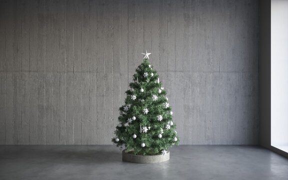 beautiful christmas tree decorated with shiny baubles. gray wall background with a lot of copy space for text. Holiday background. New Year  3D illustration, cg render