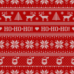 Scandinavian knitted seamless pattern with Santa Clauses and deers.