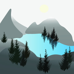 Landscape of a mountain lake drawn in vector