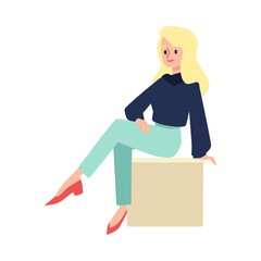 Smiling blonde nordic girl character wearing pants, sweater and red shoes, sitting on stool with her legs crossed.