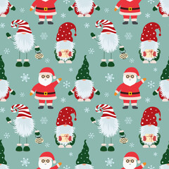 Christmas seamless pattern with scandinavian gnomes, santa claus and snowflakes.