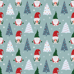 Christmas seamless pattern with scandinavian gnomes, santa claus and snowflakes.