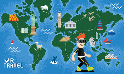 A man travelling all around the world with VR technology. Vector. Background image show in mosaic effect.