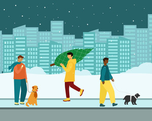 people with pets walk outside in winter