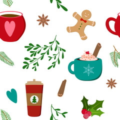 Hot winter holiday drinks in mugs and cups, cartoon gingerbread man, mistletoe, spruce, holly branches. Isolated on white background. Christmas invitation design template.
