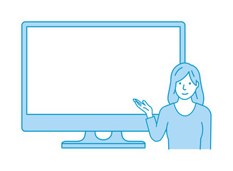 Woman showing PC monitor. vector illustration.