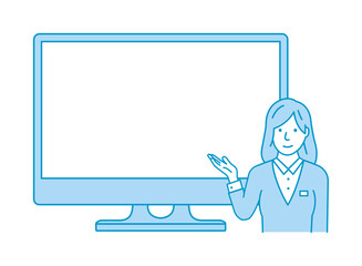 Business woman showing PC monitor. vector illustration.