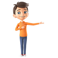 Cartoon character boy in orange sweatshirt points his finger to an empty palm. 3d render illustration.